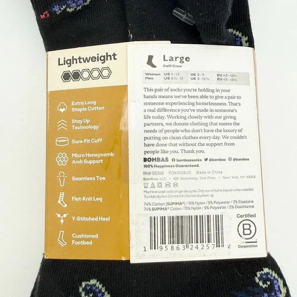 Bombas Men’s Calf Crew Black Dress Socks with Chameleon Colorful Print - 2 Pair
